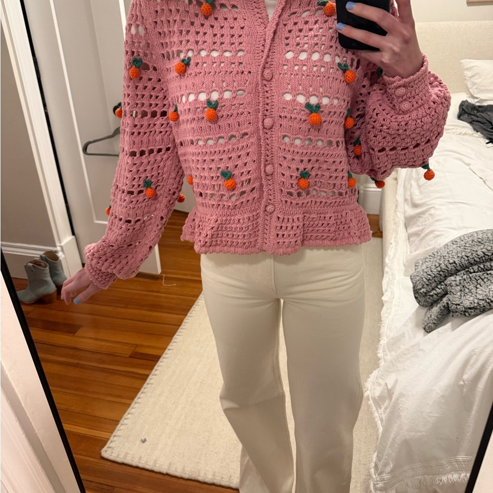 FARM Rio Pink and Orange Cardigan Sweater with Playful Embellishments